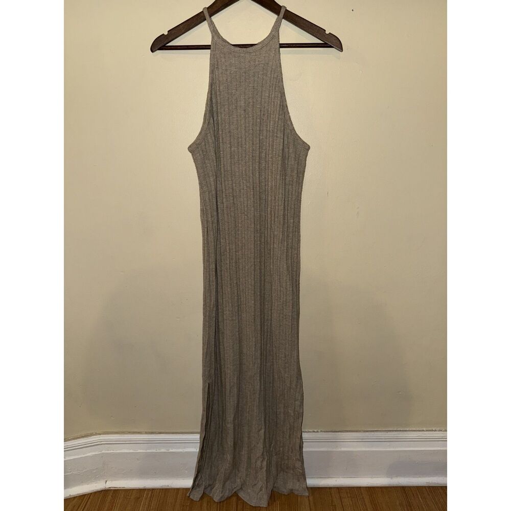 Amadi Ribbed Knit Halter Neck High-Neck Maxi Dress Tan Beige Medium